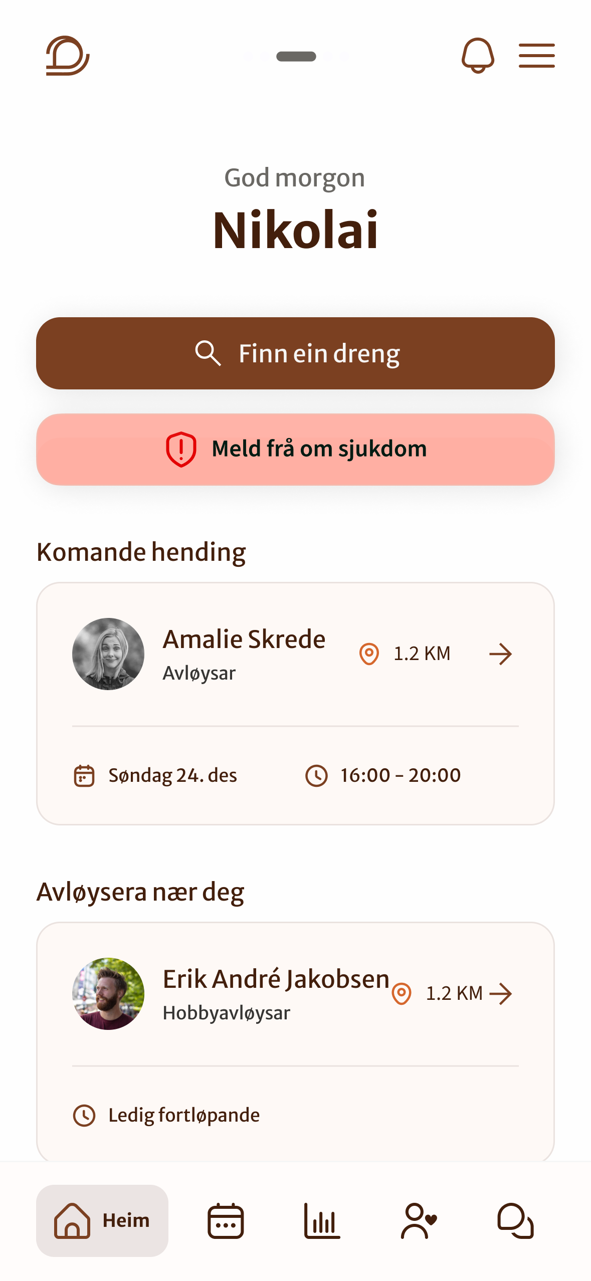 Skjermbilete av landingssida i Dreng-appen