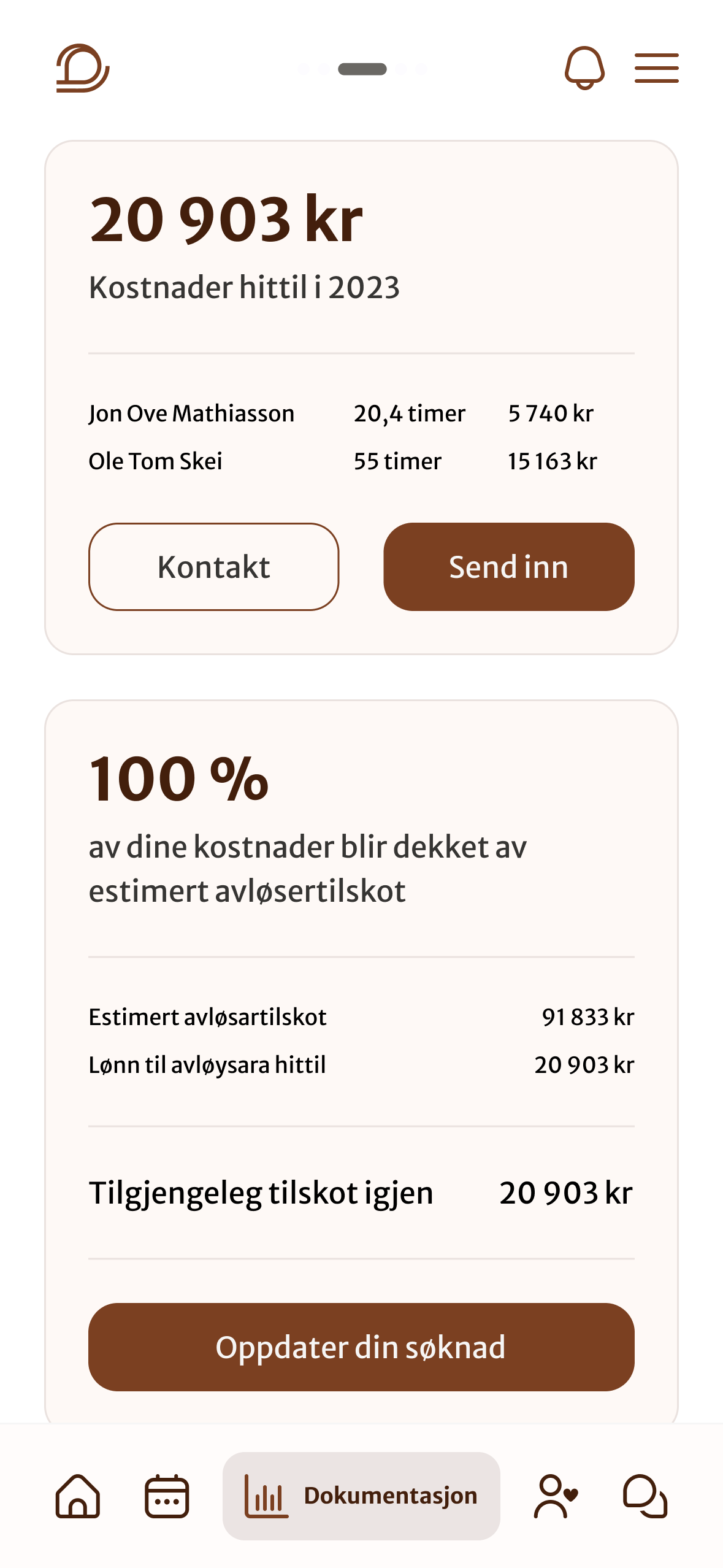 Skjermbilete av Dreng som visar kostnadsstyring
